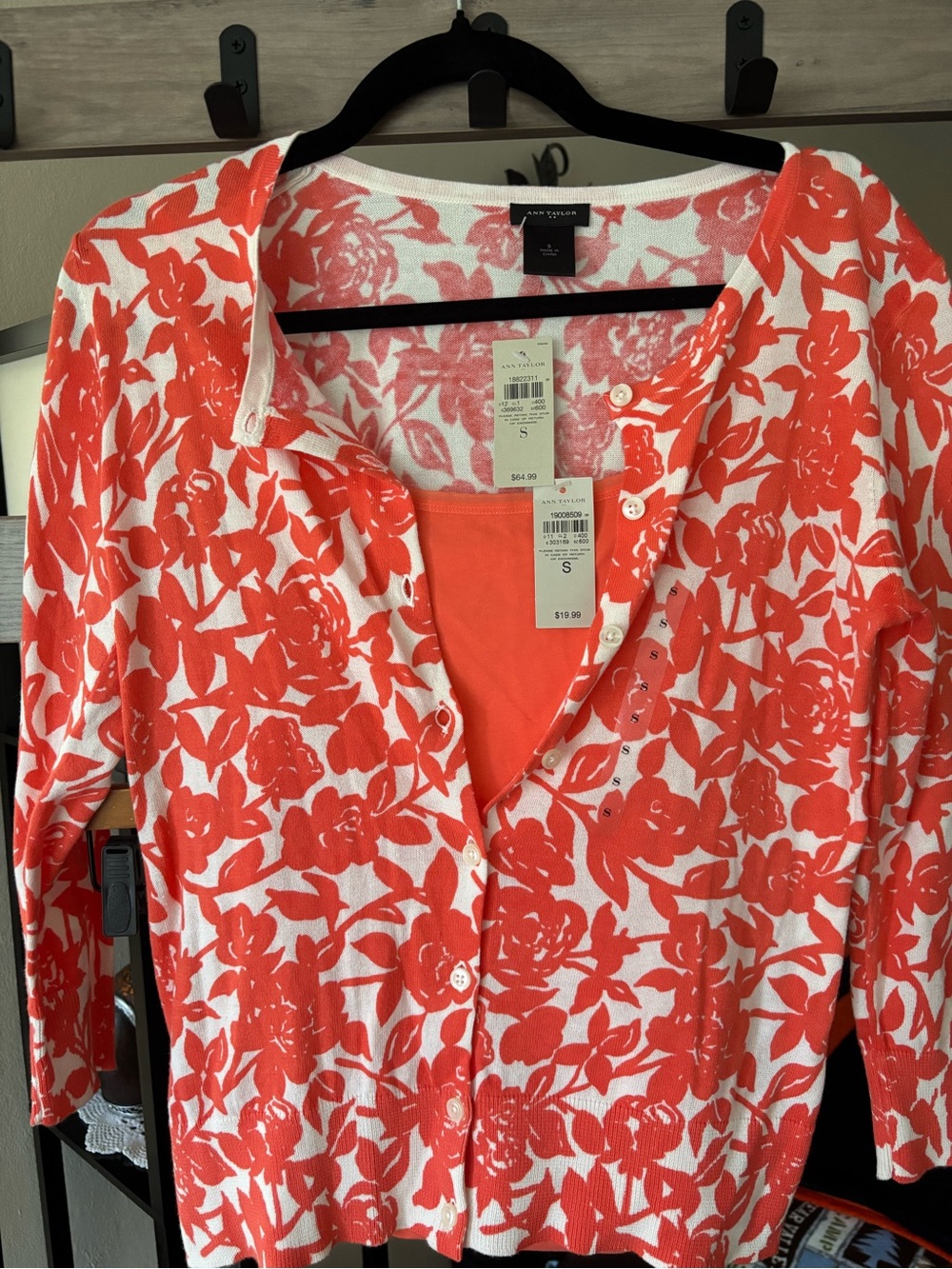 Ann Taylor Coral and White Floral Cardigan Set - small
